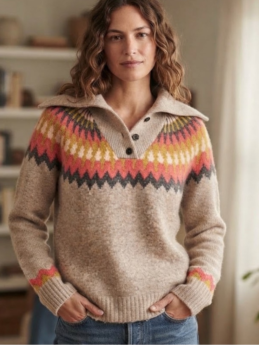 Beige Cowl-Neck Nordic Yoke Sweater with Color Accents Size L Relaxed Fit